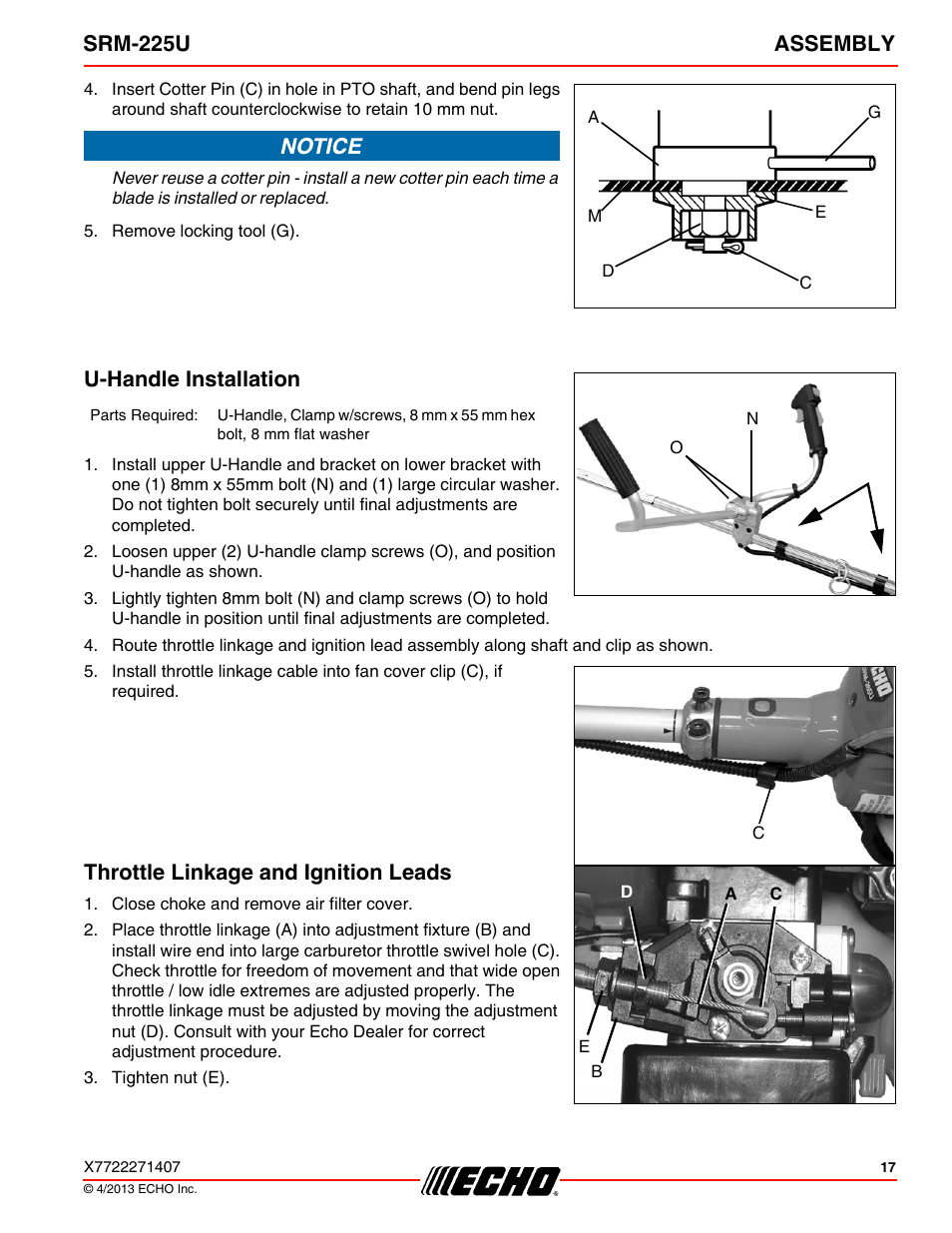 U-handle installation, Throttle linkage and ignition leads, Srm-225u assembly | Echo SRM-225U User Manual | Page 17 / 40