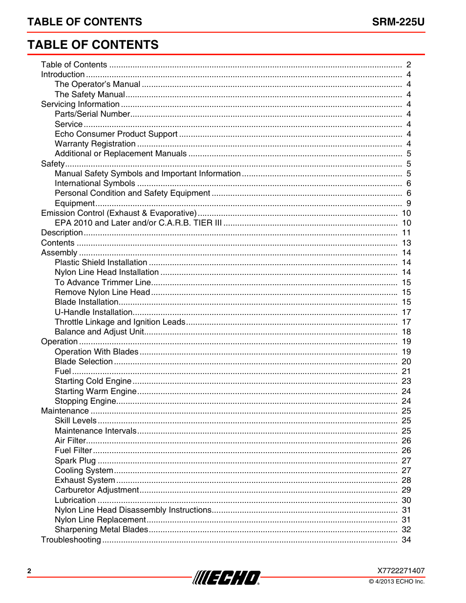 Echo SRM-225U User Manual | Page 2 / 40