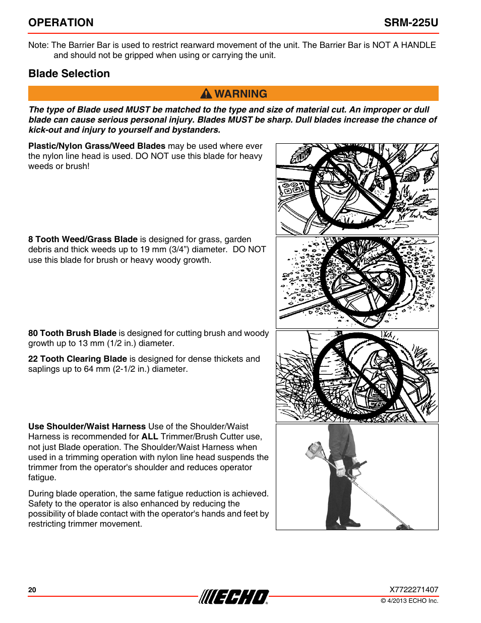 Blade selection, Operation srm-225u | Echo SRM-225U User Manual | Page 20 / 40