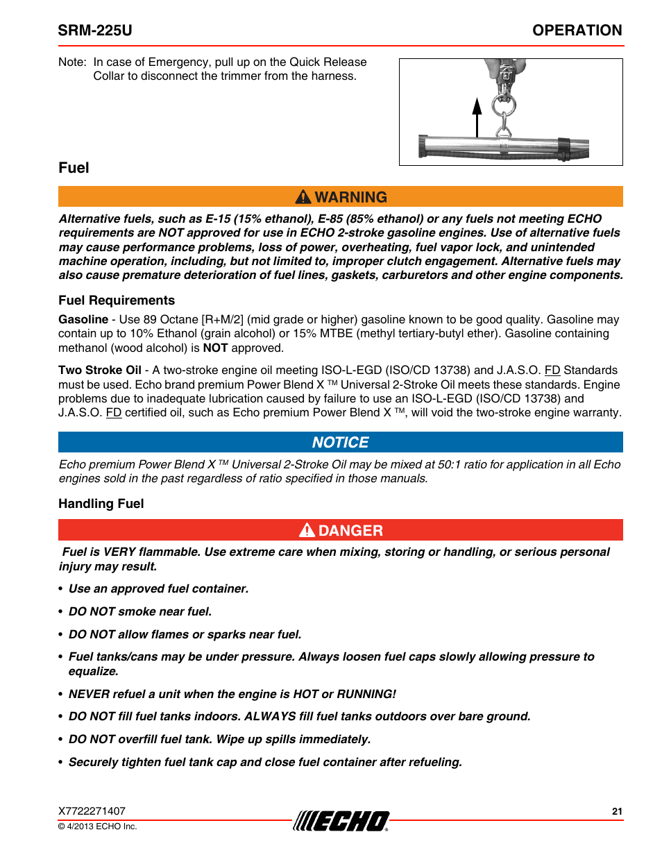 Fuel, Fuel requirements, Handling fuel | Srm-225u operation | Echo SRM-225U User Manual | Page 21 / 40