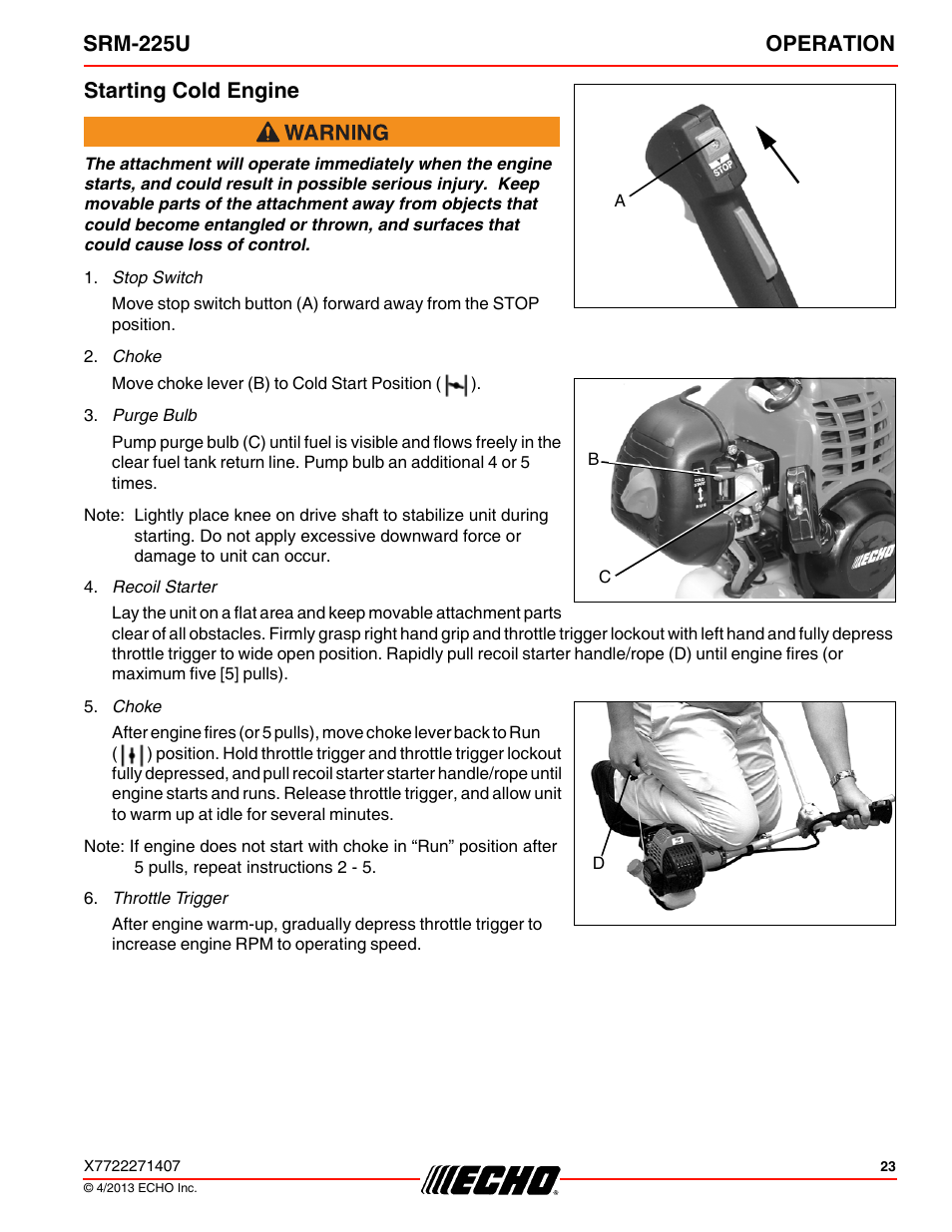 Starting cold engine, Srm-225u operation | Echo SRM-225U User Manual | Page 23 / 40