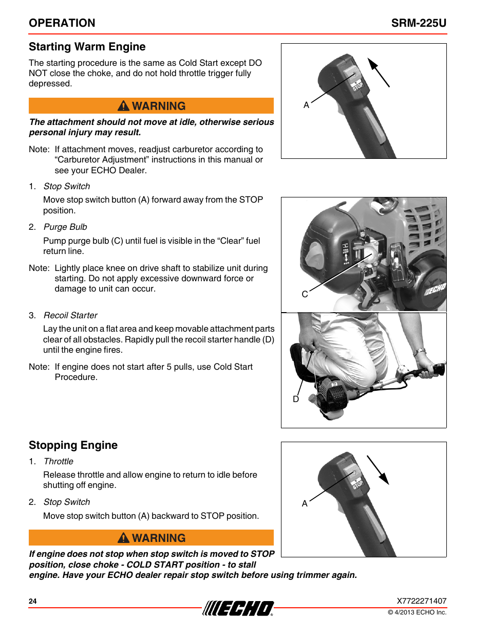 Starting warm engine, Stopping engine, Starting warm engine stopping engine | Operation srm-225u starting warm engine | Echo SRM-225U User Manual | Page 24 / 40