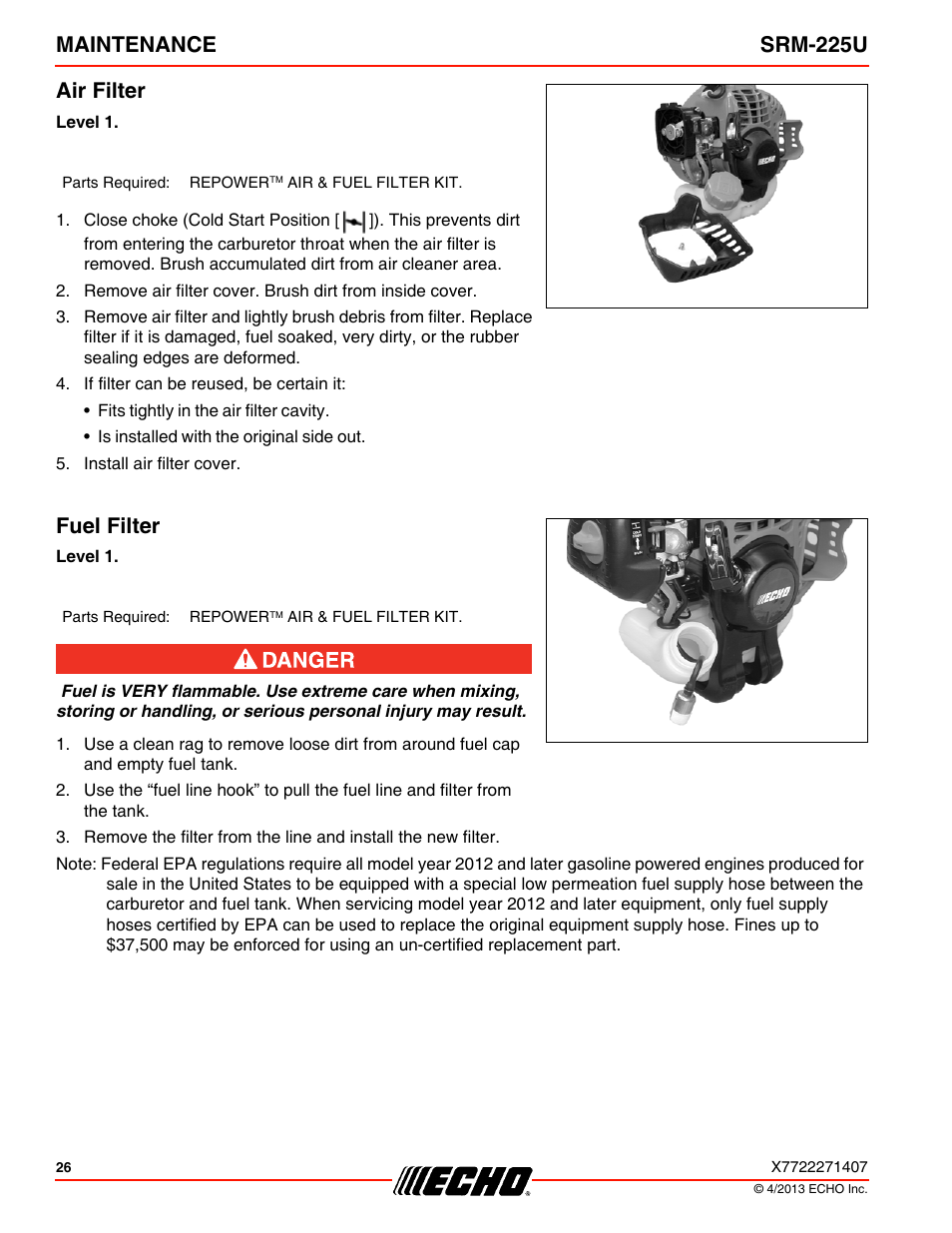 Air filter, Fuel filter, Air filter fuel filter | Maintenance srm-225u air filter | Echo SRM-225U User Manual | Page 26 / 40