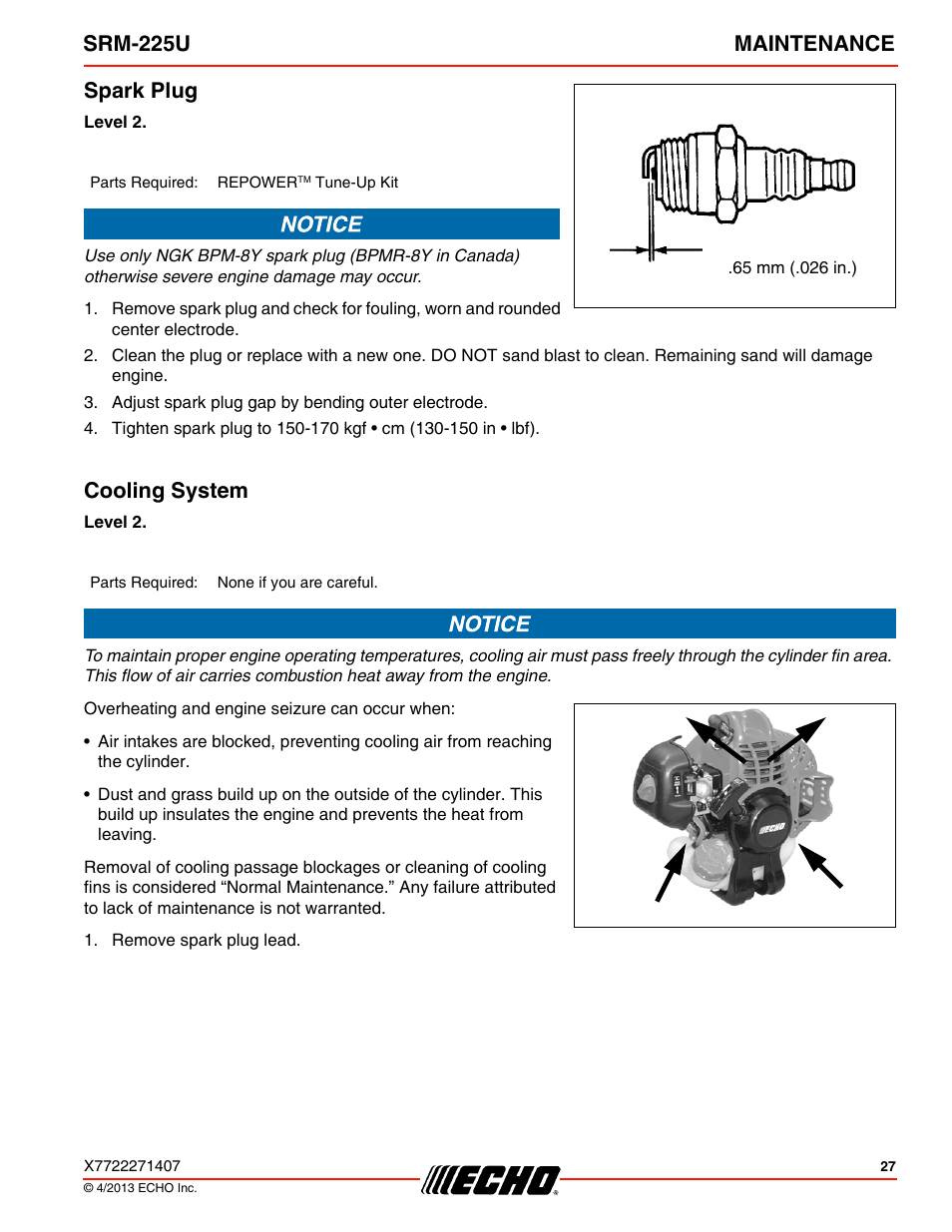 Spark plug, Cooling system, Spark plug cooling system | Srm-225u maintenance | Echo SRM-225U User Manual | Page 27 / 40