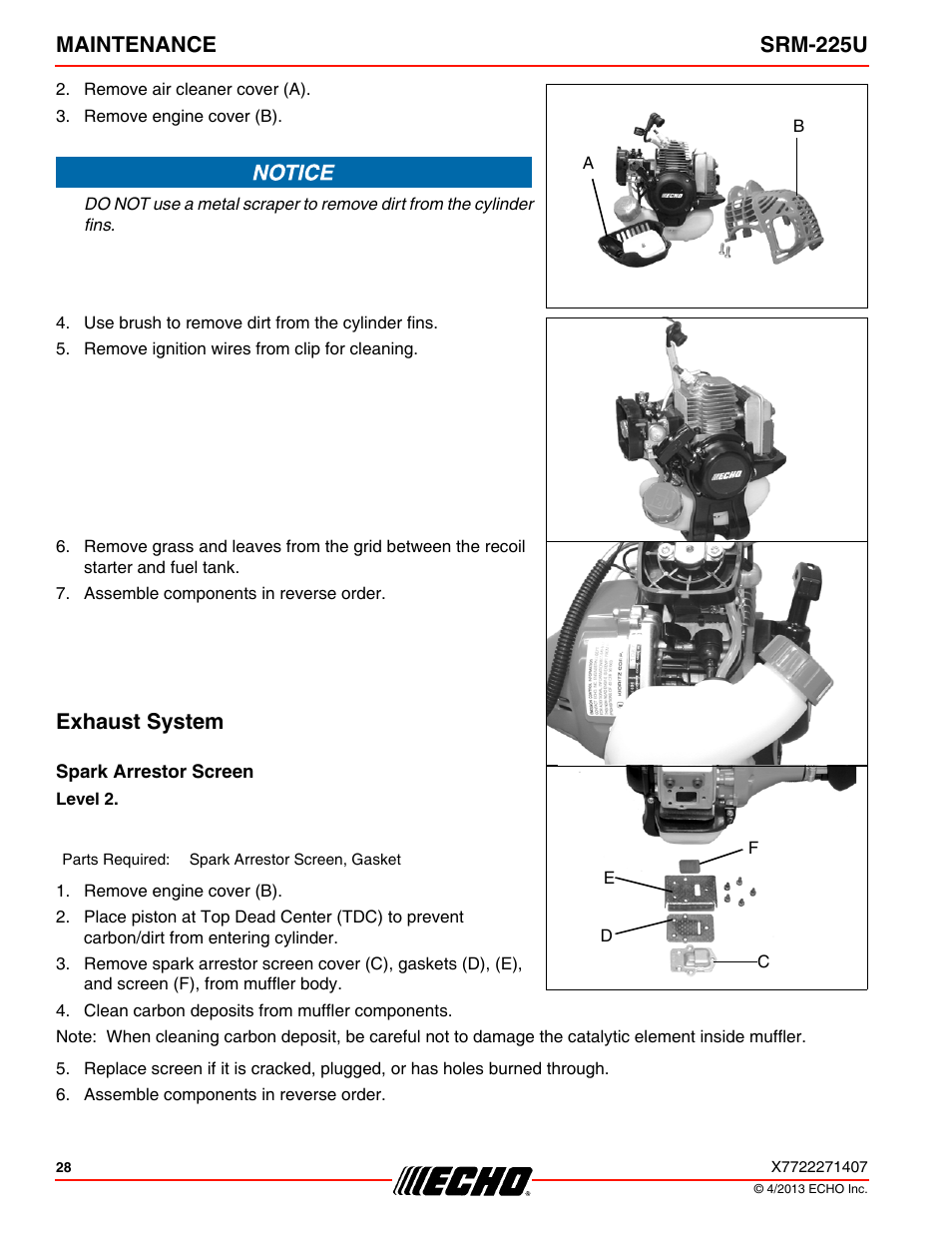 Exhaust system, Spark arrestor screen, Maintenance srm-225u | Echo SRM-225U User Manual | Page 28 / 40