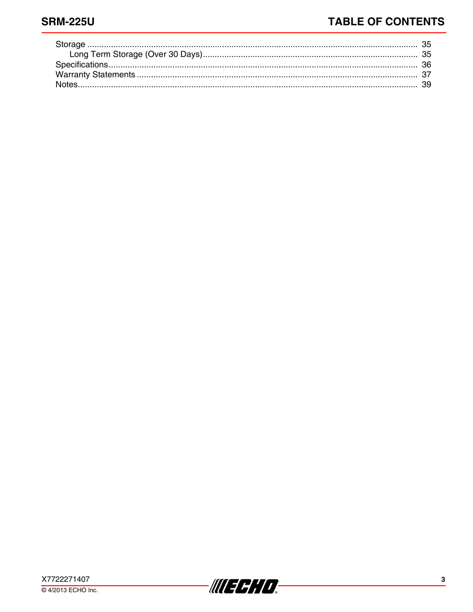 Srm-225u table of contents | Echo SRM-225U User Manual | Page 3 / 40