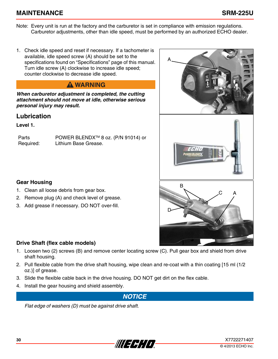 Lubrication, Gear housing, Drive shaft (flex cable models) | Maintenance srm-225u | Echo SRM-225U User Manual | Page 30 / 40