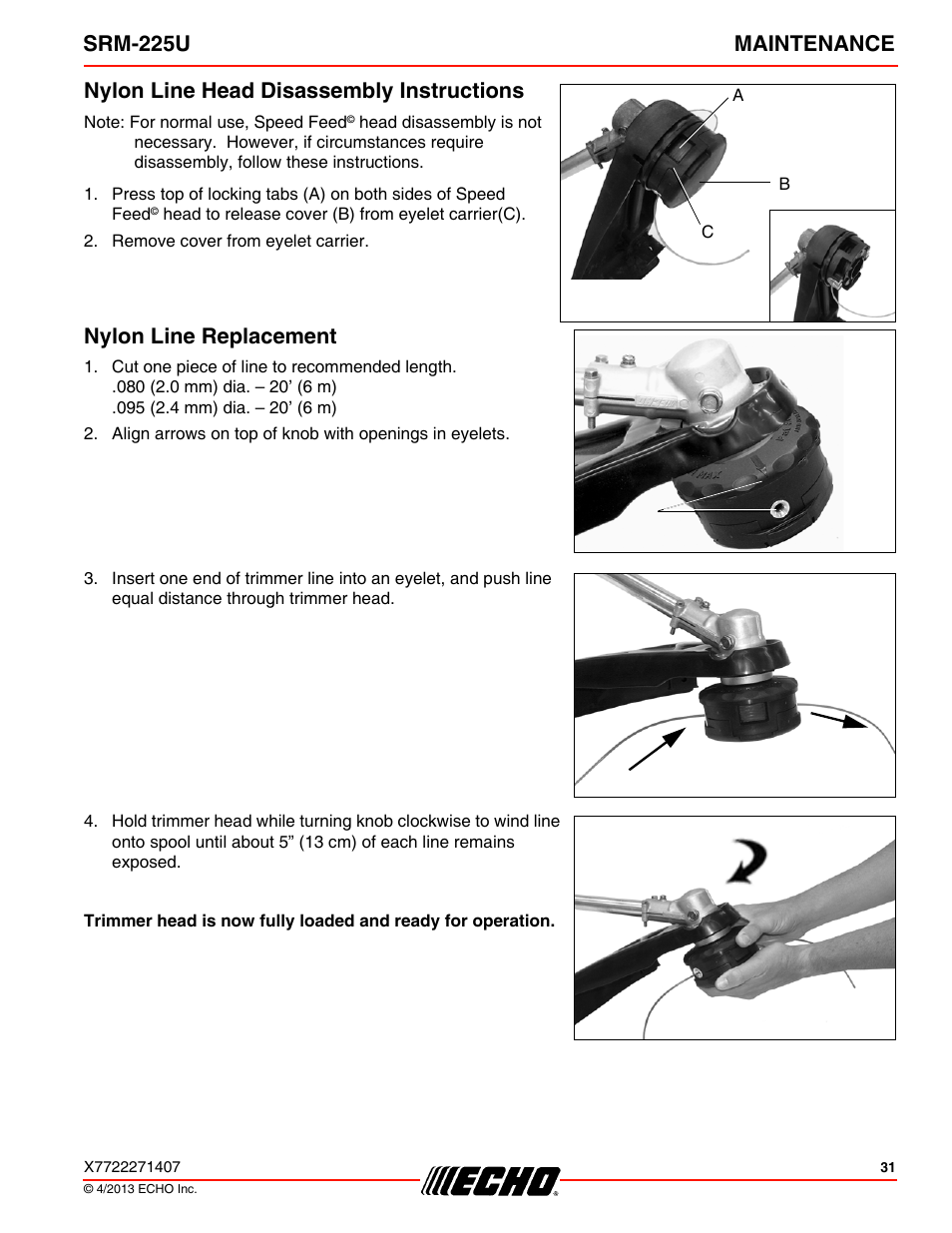 Nylon line head disassembly instructions, Nylon line replacement, Srm-225u maintenance | Echo SRM-225U User Manual | Page 31 / 40