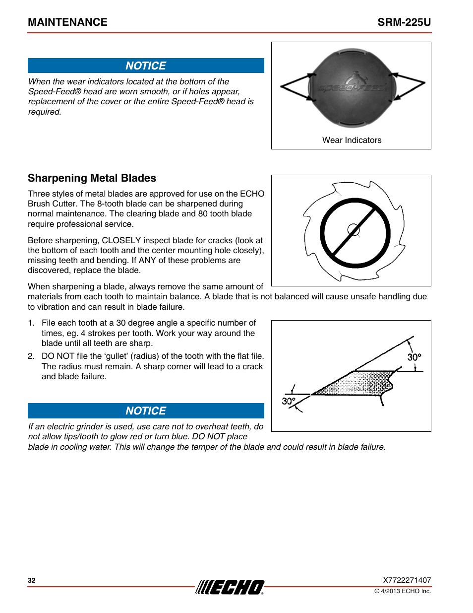 Sharpening metal blades, Maintenance srm-225u | Echo SRM-225U User Manual | Page 32 / 40