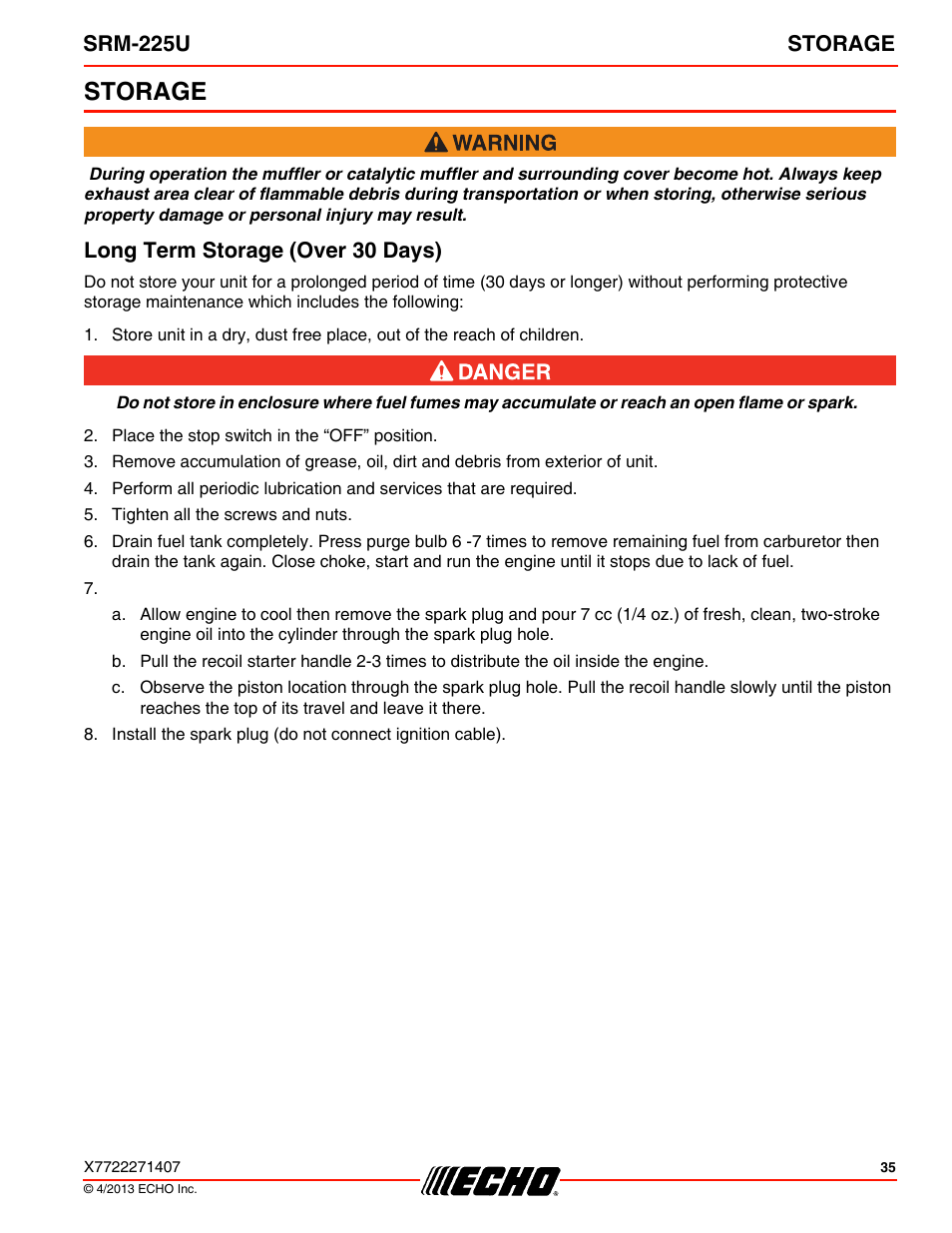 Storage, Long term storage (over 30 days), Srm-225u storage | Echo SRM-225U User Manual | Page 35 / 40