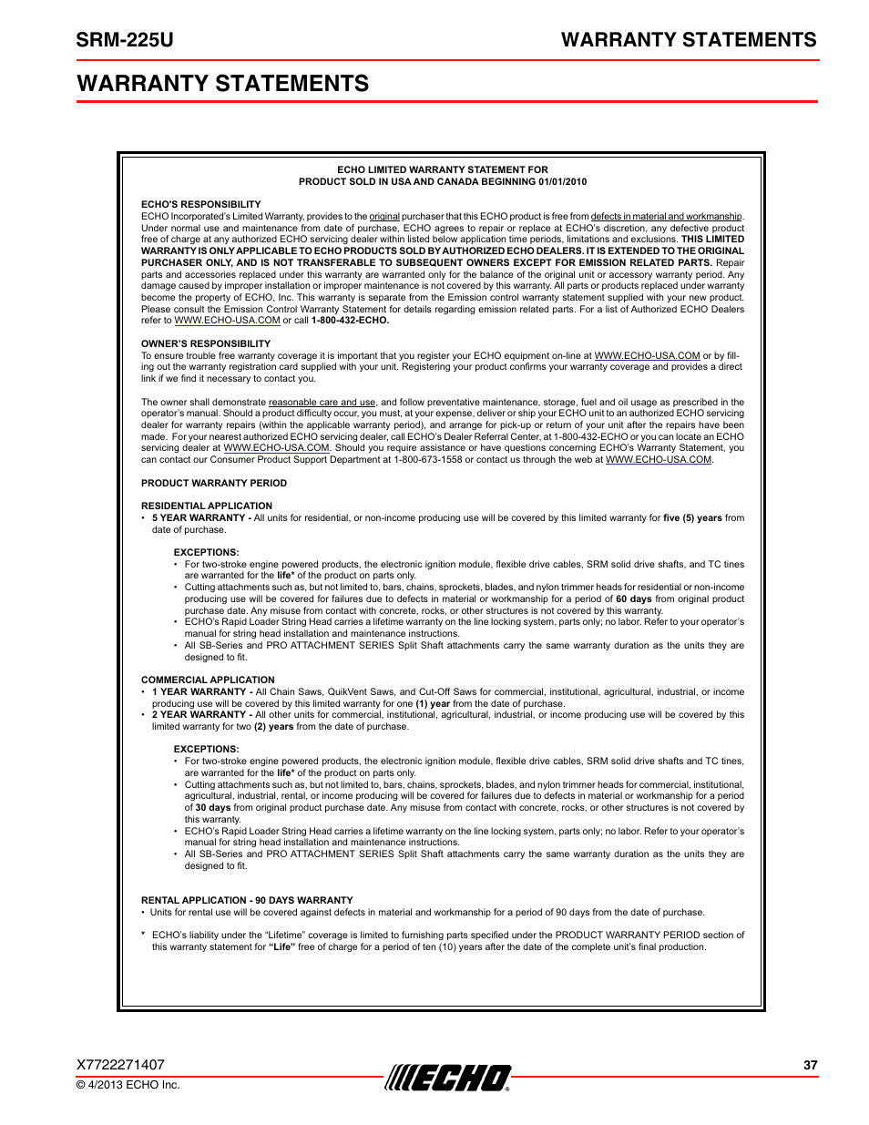 Warranty statements, Srm-225u warranty statements | Echo SRM-225U User Manual | Page 37 / 40
