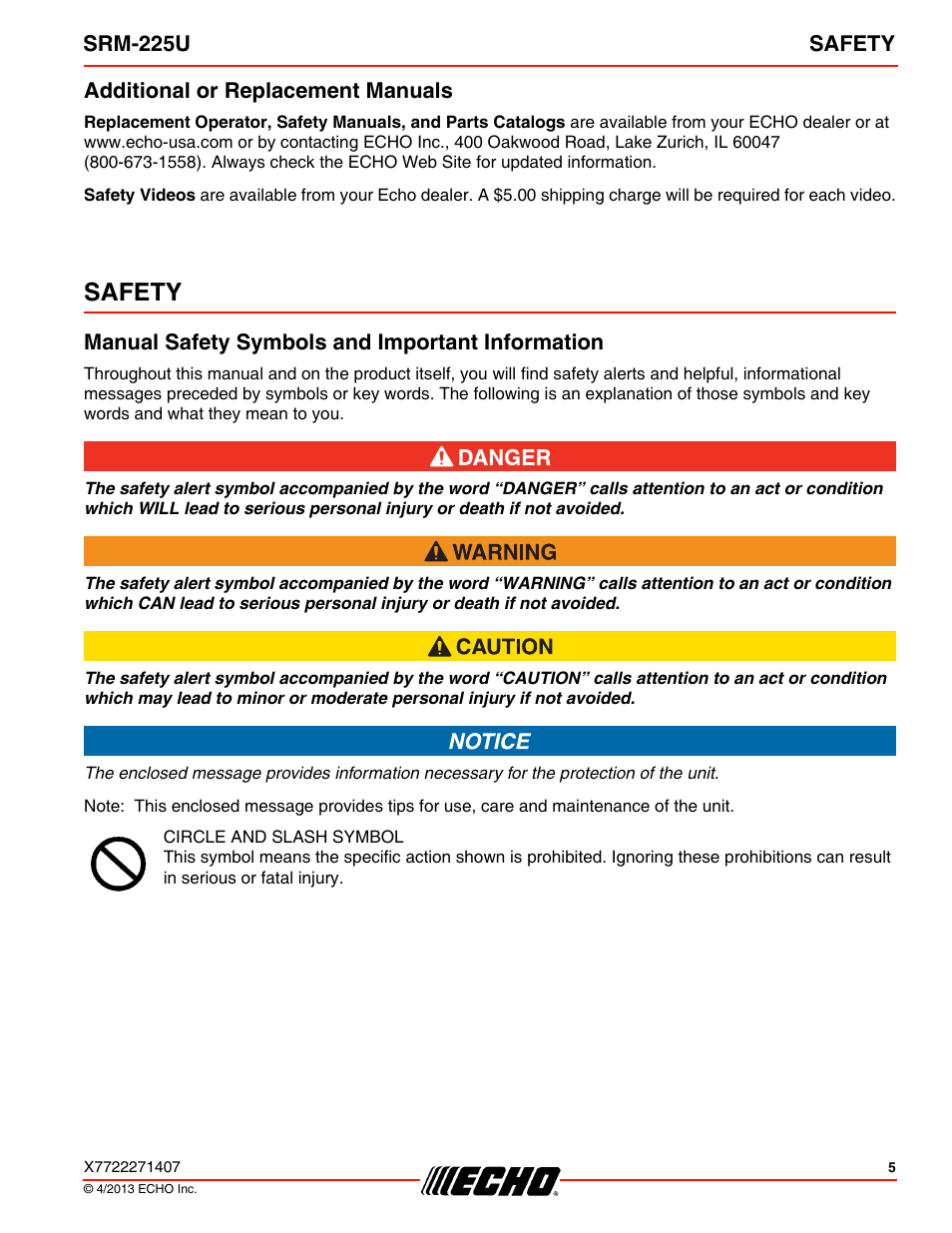 Additional or replacement manuals, Safety, Manual safety symbols and important information | Echo SRM-225U User Manual | Page 5 / 40