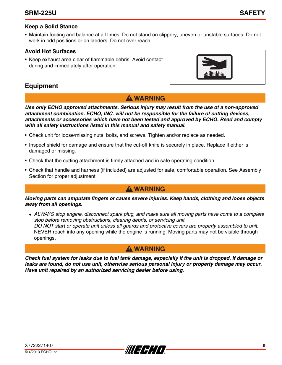 Keep a solid stance, Avoid hot surfaces, Equipment | Srm-225u safety | Echo SRM-225U User Manual | Page 9 / 40