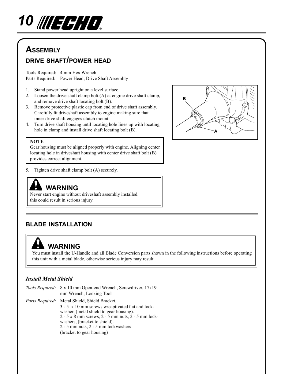 Assembly, Drive shaft/power head, Blade installation | Echo SRM - 410U User Manual | Page 10 / 36