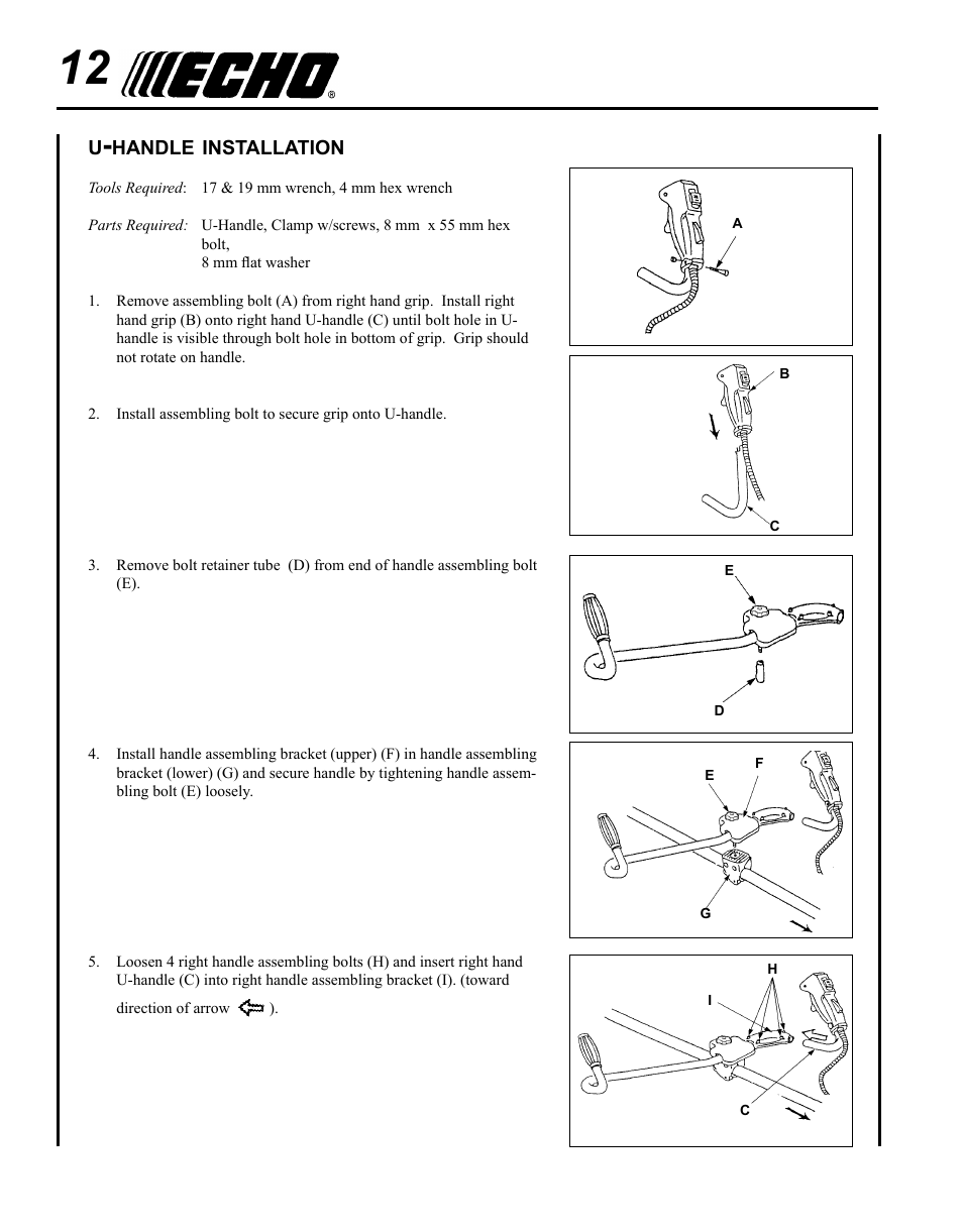 U-handle installation | Echo SRM - 410U User Manual | Page 12 / 36