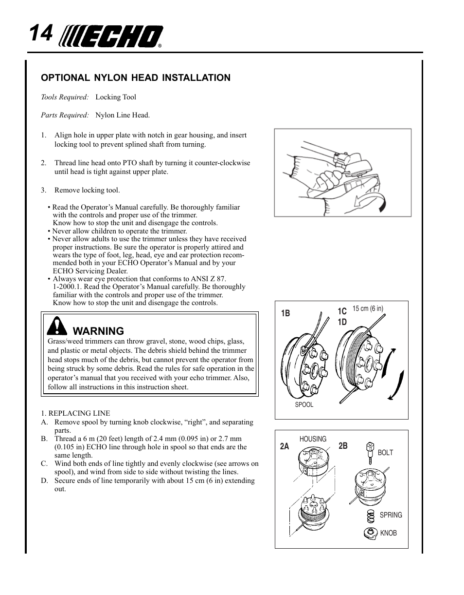 Optional nylon head installation, Warning | Echo SRM - 410U User Manual | Page 14 / 36