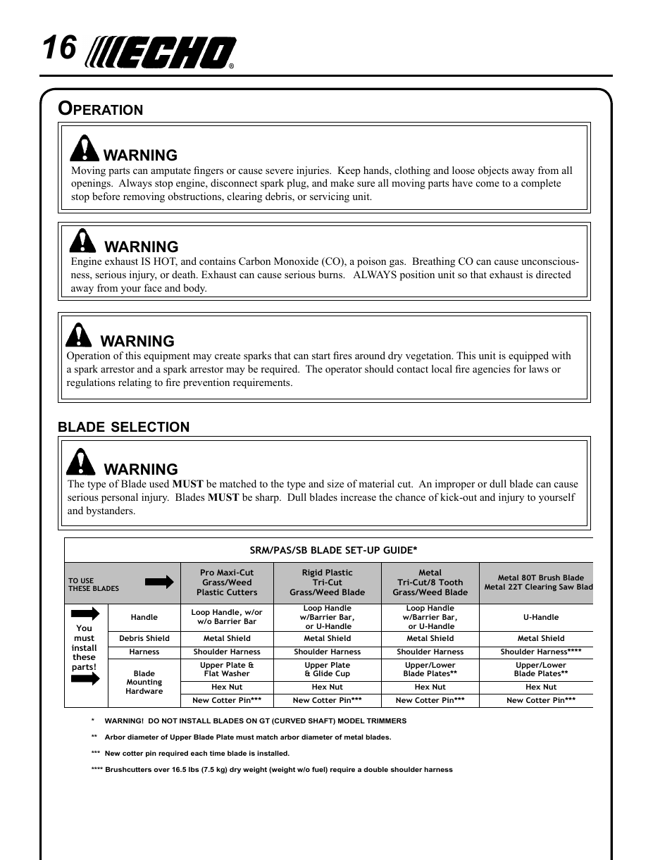 Operation, Blade selection, Warning | Peration, Blade, Selection | Echo SRM - 410U User Manual | Page 16 / 36