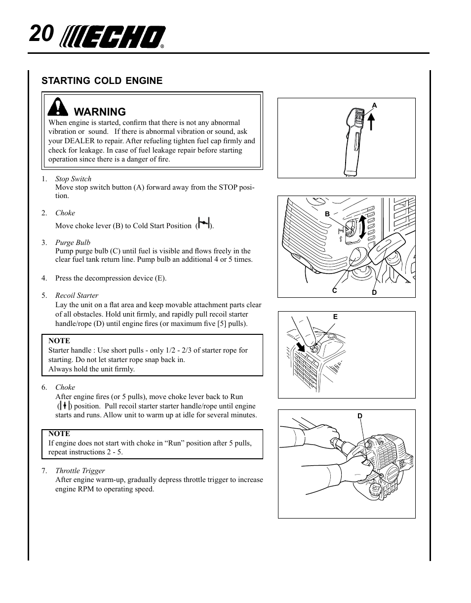 Starting cold engine, Warning | Echo SRM - 410U User Manual | Page 20 / 36