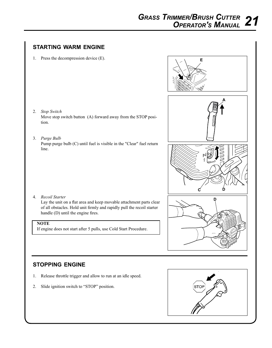 Starting warm engine, Stopping engine | Echo SRM - 410U User Manual | Page 21 / 36