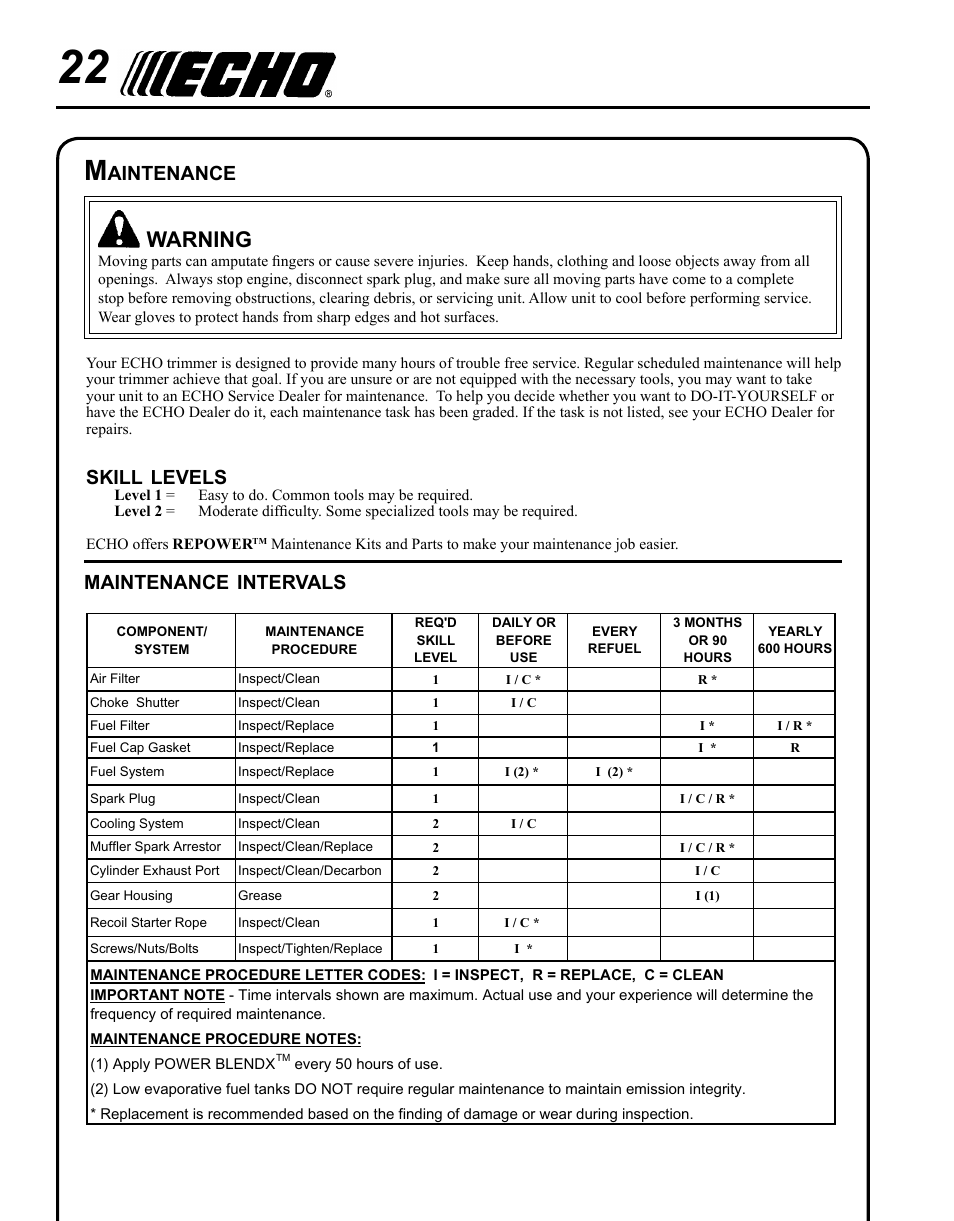 Maintenance, Warning, Aintenance | Skill, Levels, Intervals | Echo SRM - 410U User Manual | Page 22 / 36