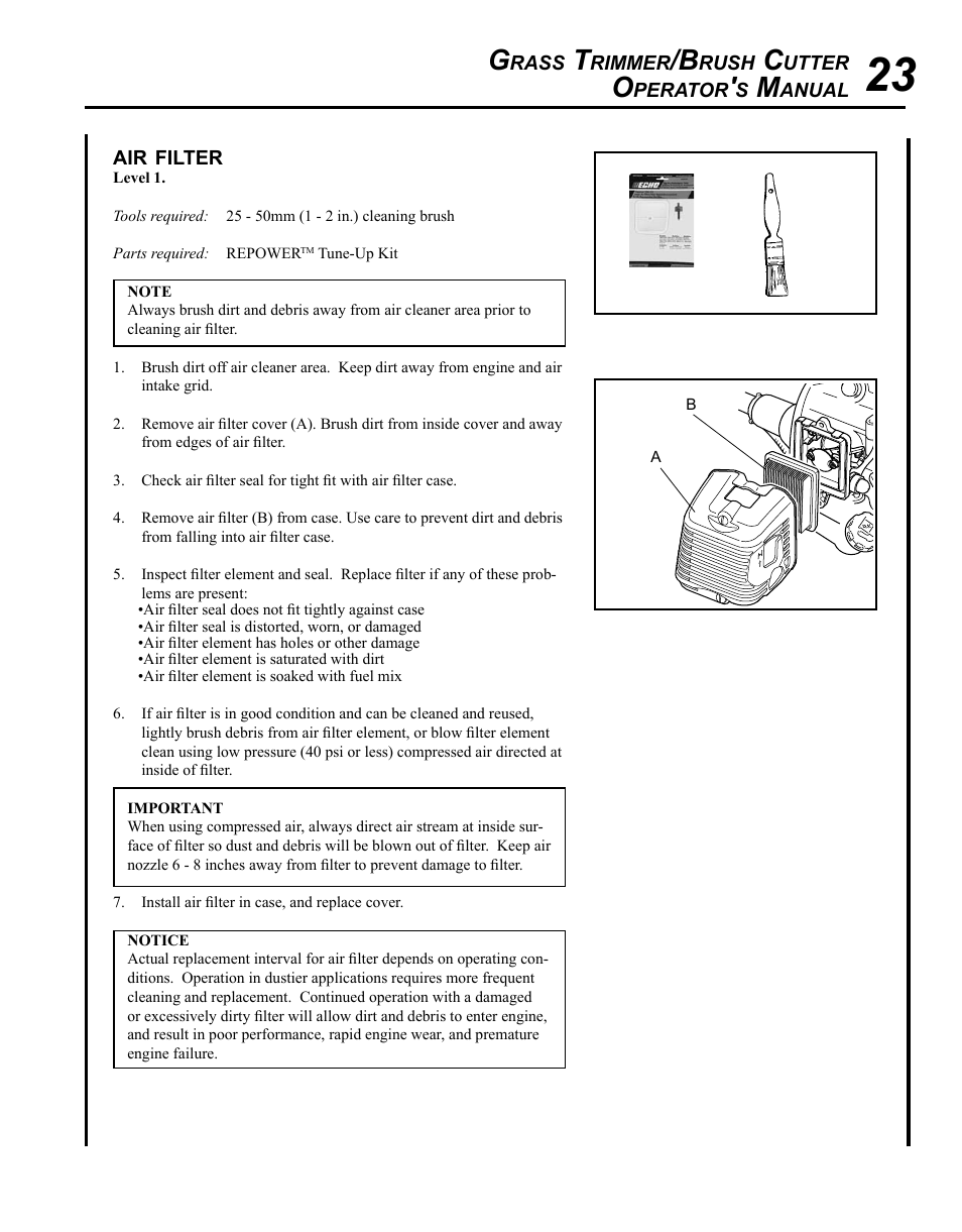 Air filter | Echo SRM - 410U User Manual | Page 23 / 36