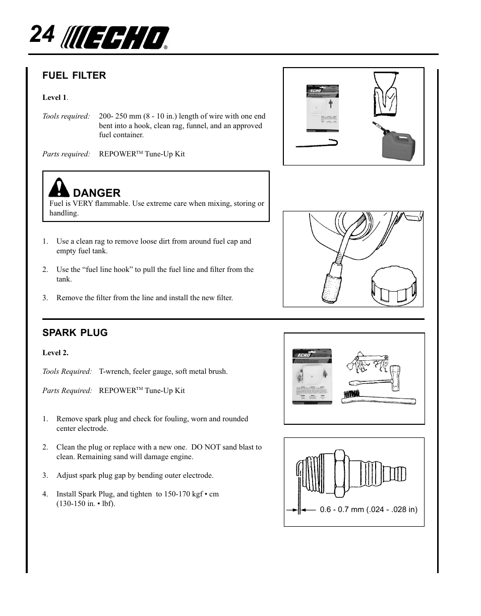 Fuel filter, Spark plug, Danger | Echo SRM - 410U User Manual | Page 24 / 36