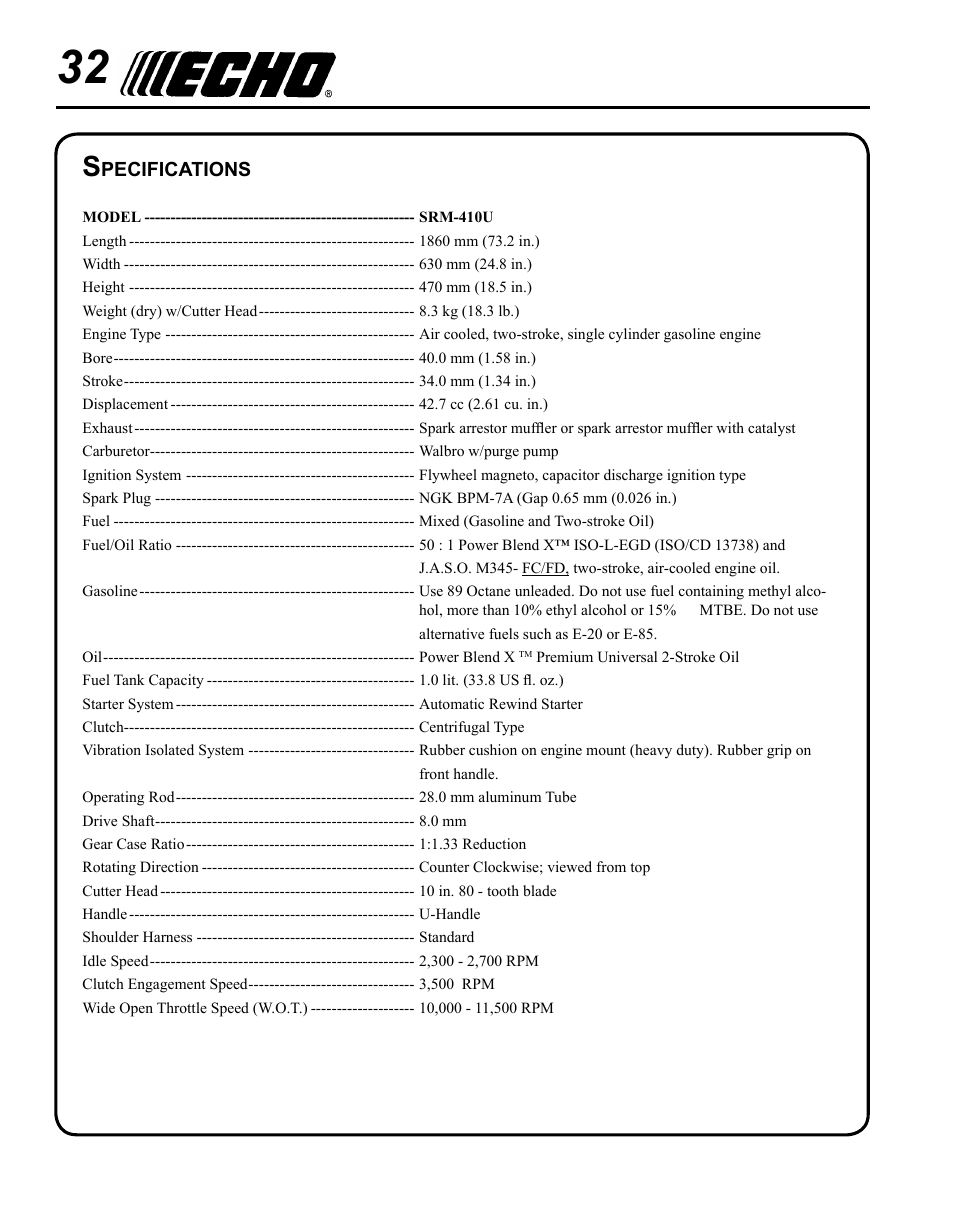 Specifications | Echo SRM - 410U User Manual | Page 32 / 36