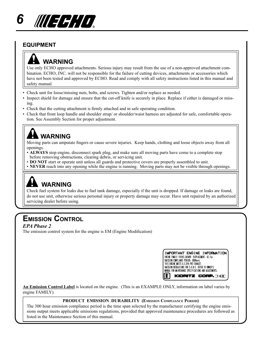 Emission control, Warning | Echo SRM - 410U User Manual | Page 6 / 36