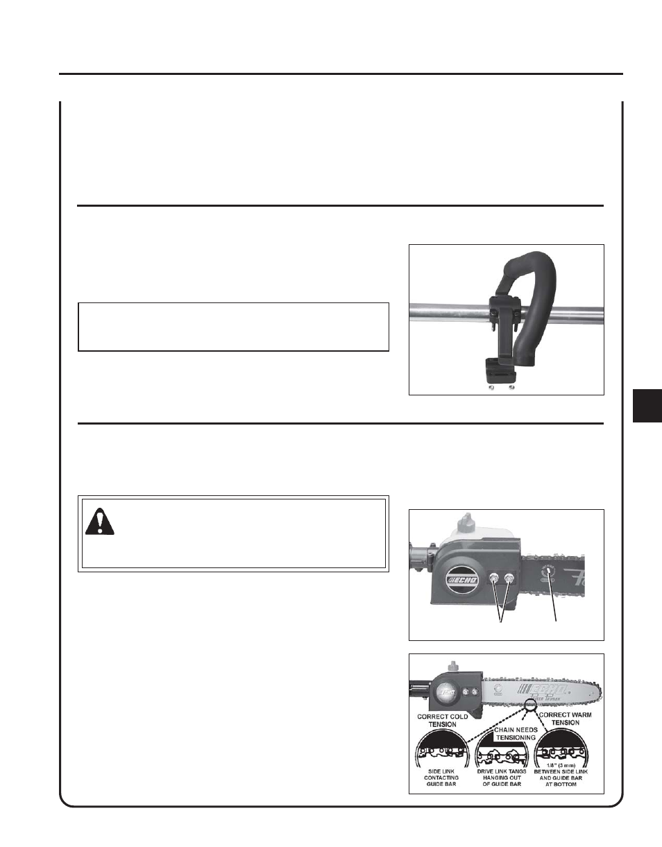 Front loop handle removal, Saw chain tension adjustment | Echo POWER PRUNER 99944200530 User Manual | Page 9 / 20