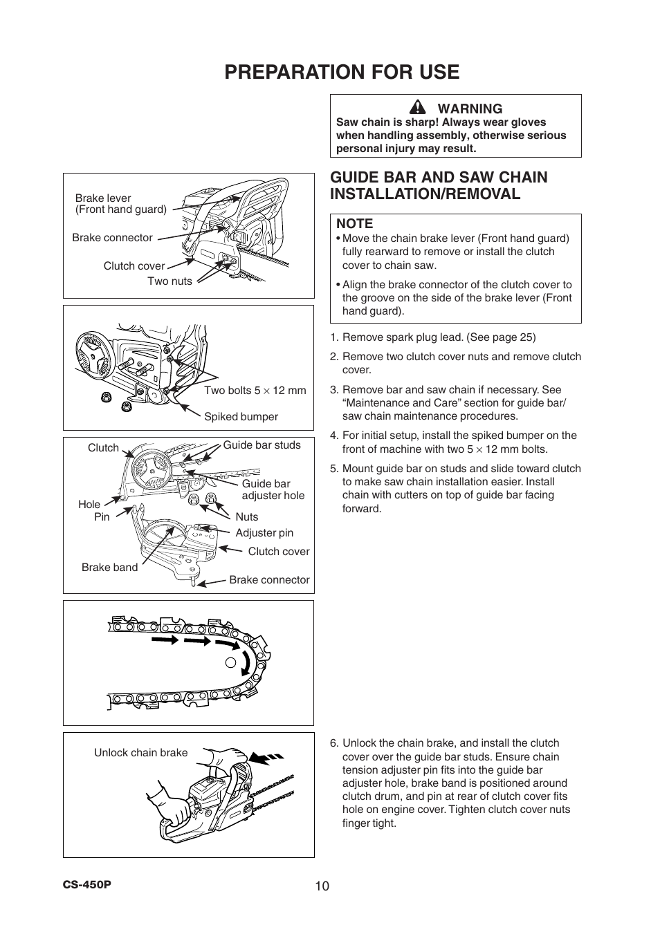 Preparation for use, Guide bar and saw chain installation/removal | Echo CS-450P User Manual | Page 10 / 34