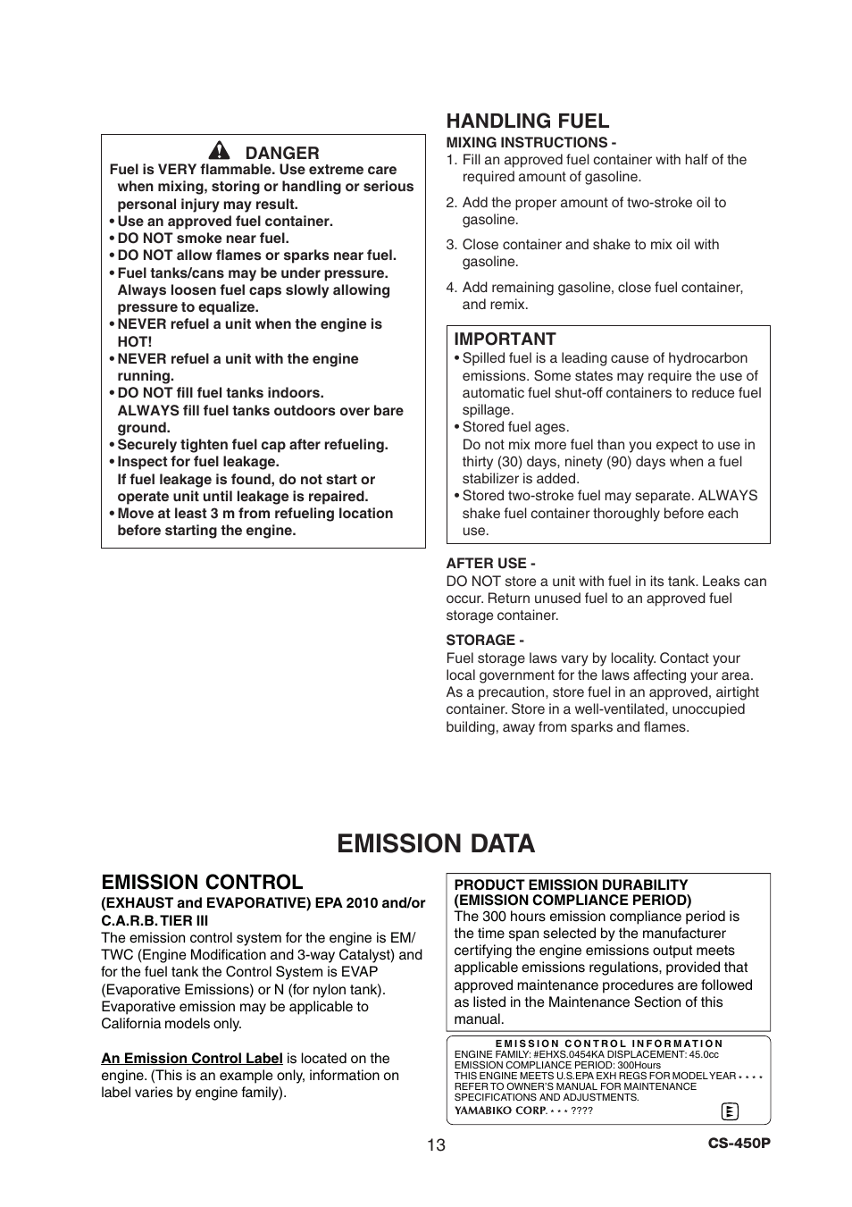 Emission data, Handling fuel, Emission control | Echo CS-450P User Manual | Page 13 / 34