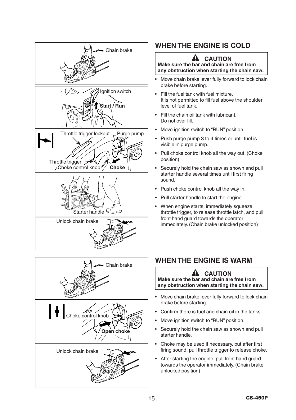 When the engine is cold, When the engine is warm | Echo CS-450P User Manual | Page 15 / 34