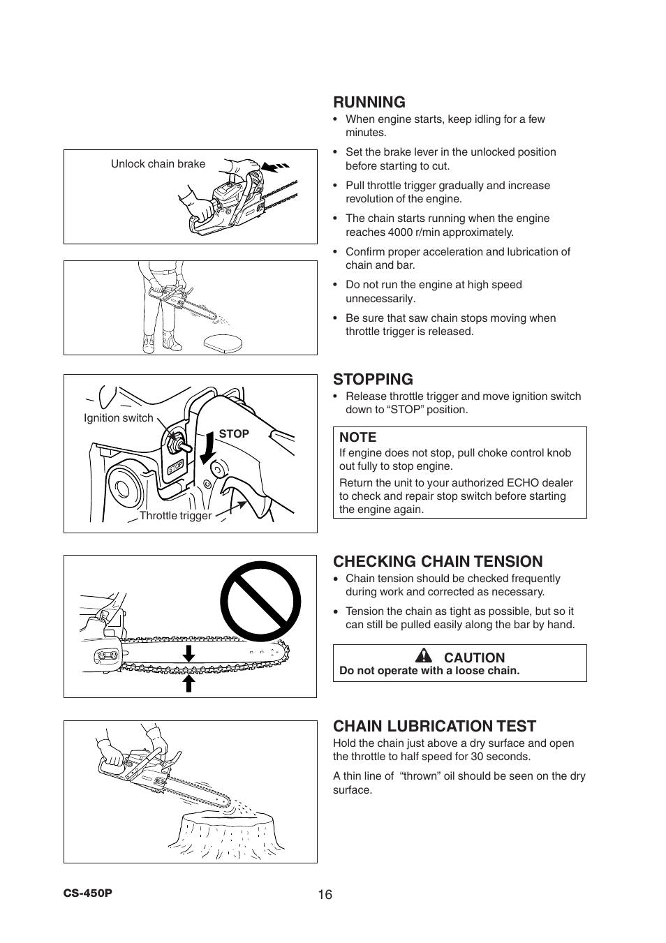 Running, Stopping, Checking chain tension | Chain lubrication test | Echo CS-450P User Manual | Page 16 / 34