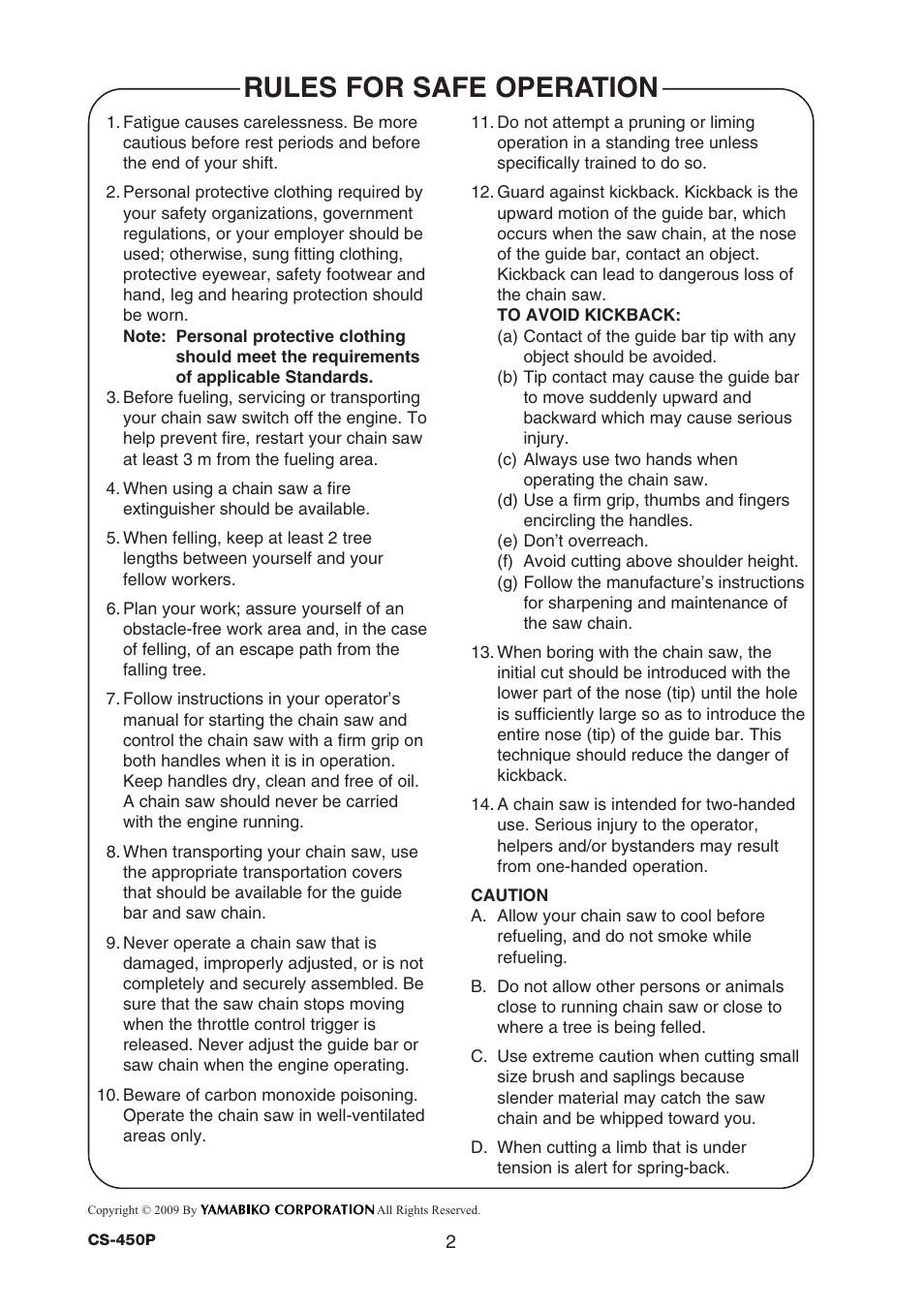 Rules for safe operation | Echo CS-450P User Manual | Page 2 / 34