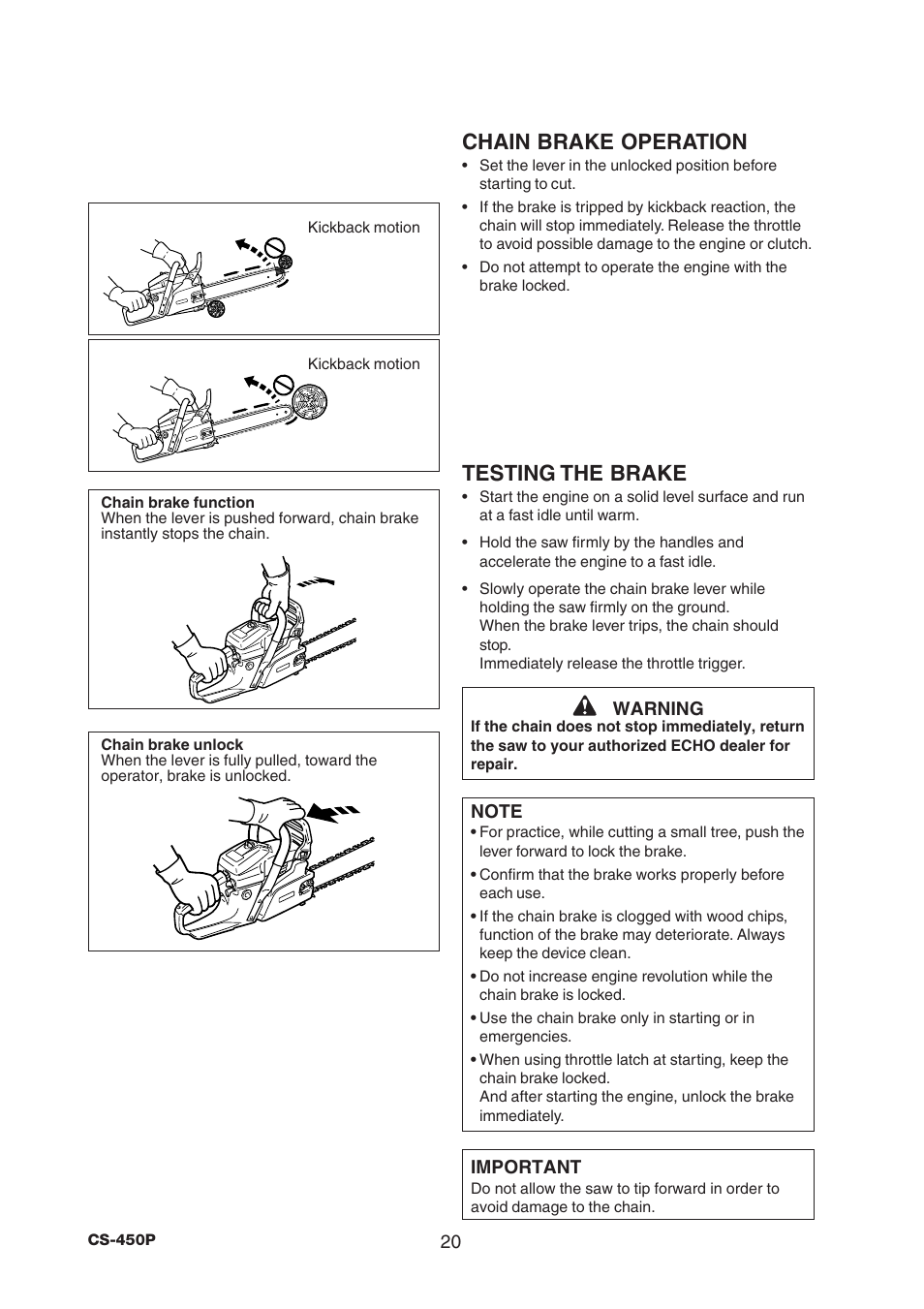 Chain brake operation, Testing the brake | Echo CS-450P User Manual | Page 20 / 34