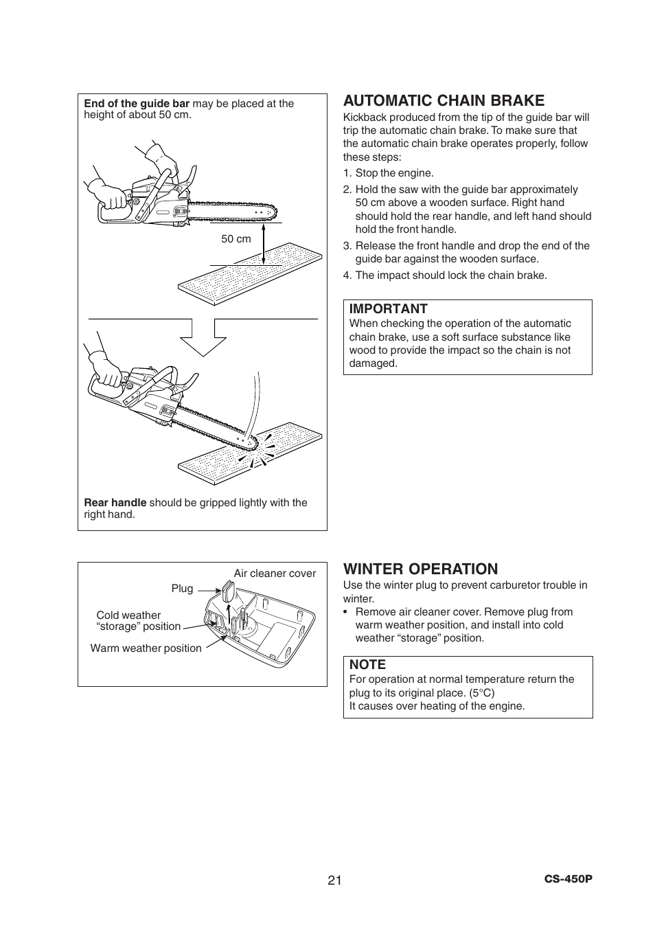 Automatic chain brake, Winter operation | Echo CS-450P User Manual | Page 21 / 34