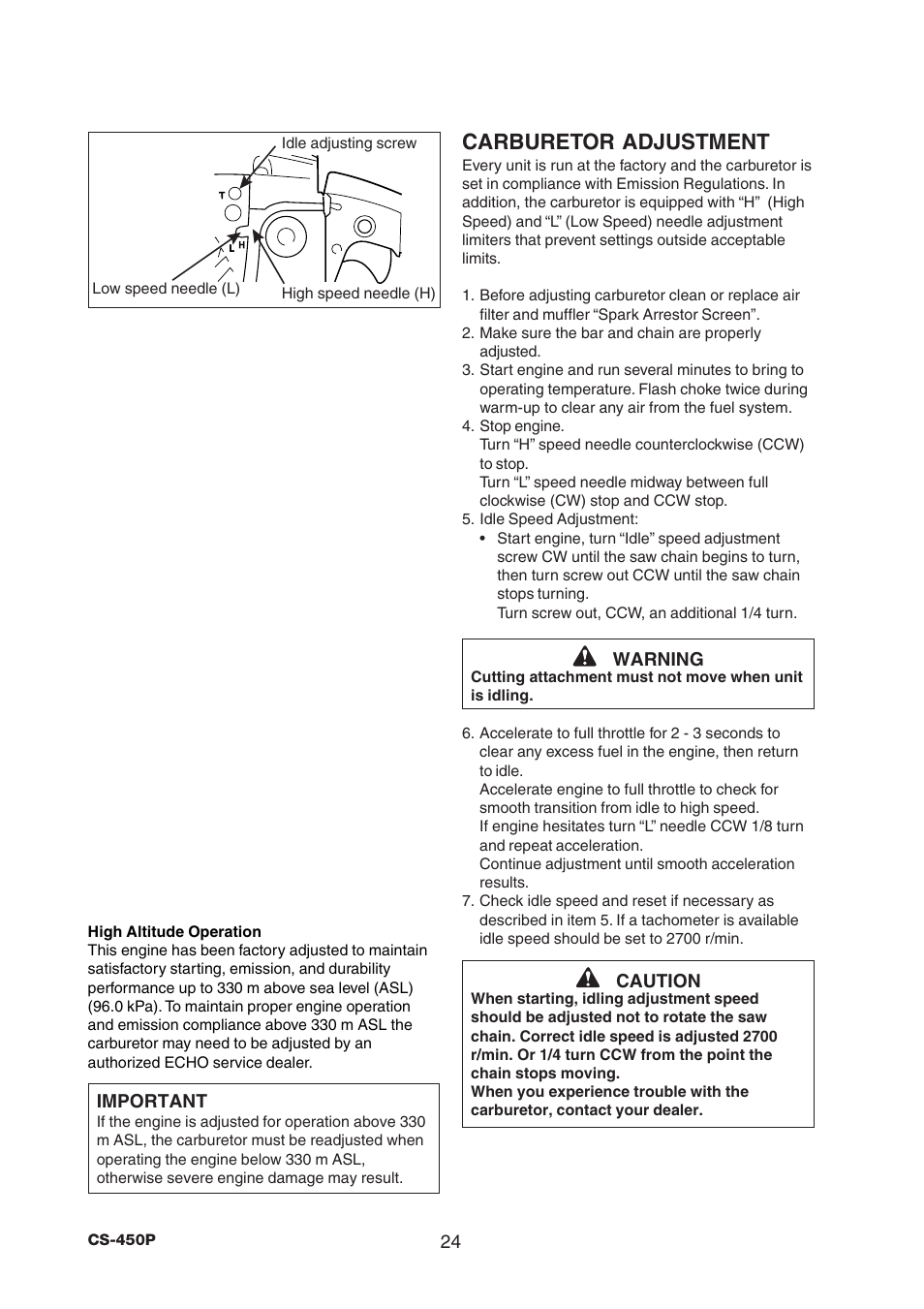 Carburetor adjustment | Echo CS-450P User Manual | Page 24 / 34