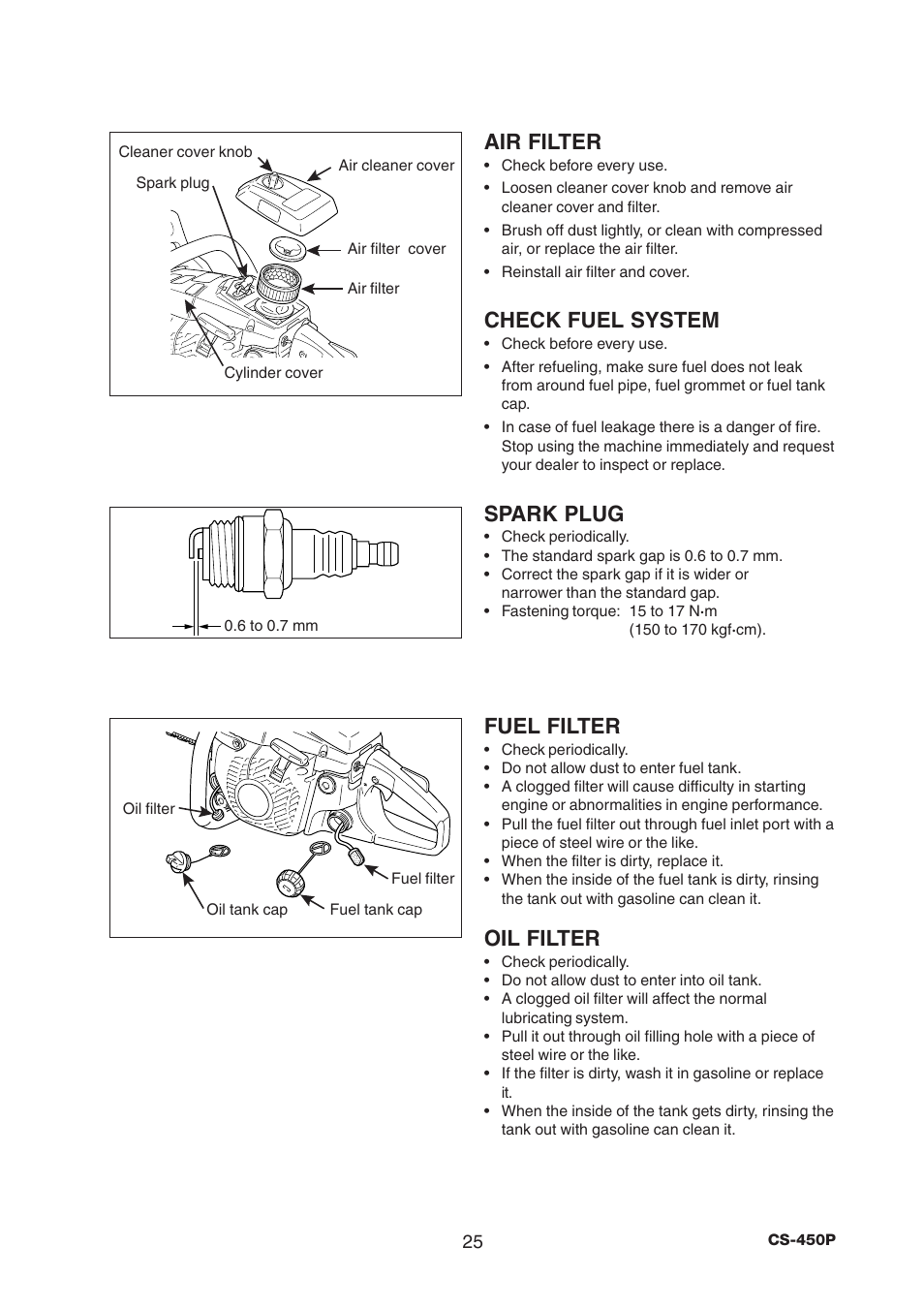 Air filter, Check fuel system, Spark plug | Fuel filter, Oil filter | Echo CS-450P User Manual | Page 25 / 34