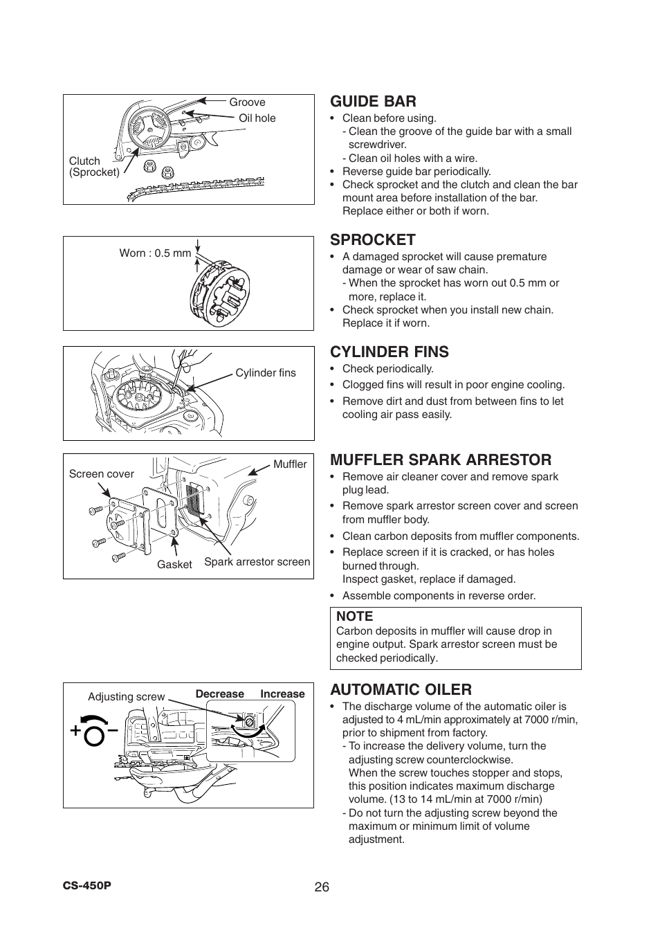 Guide bar, Sprocket, Cylinder fins | Muffler spark arrestor, Automatic oiler | Echo CS-450P User Manual | Page 26 / 34
