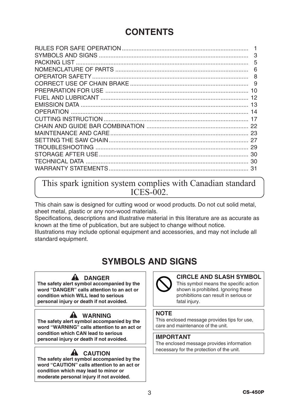 Symbols and signs contents | Echo CS-450P User Manual | Page 3 / 34
