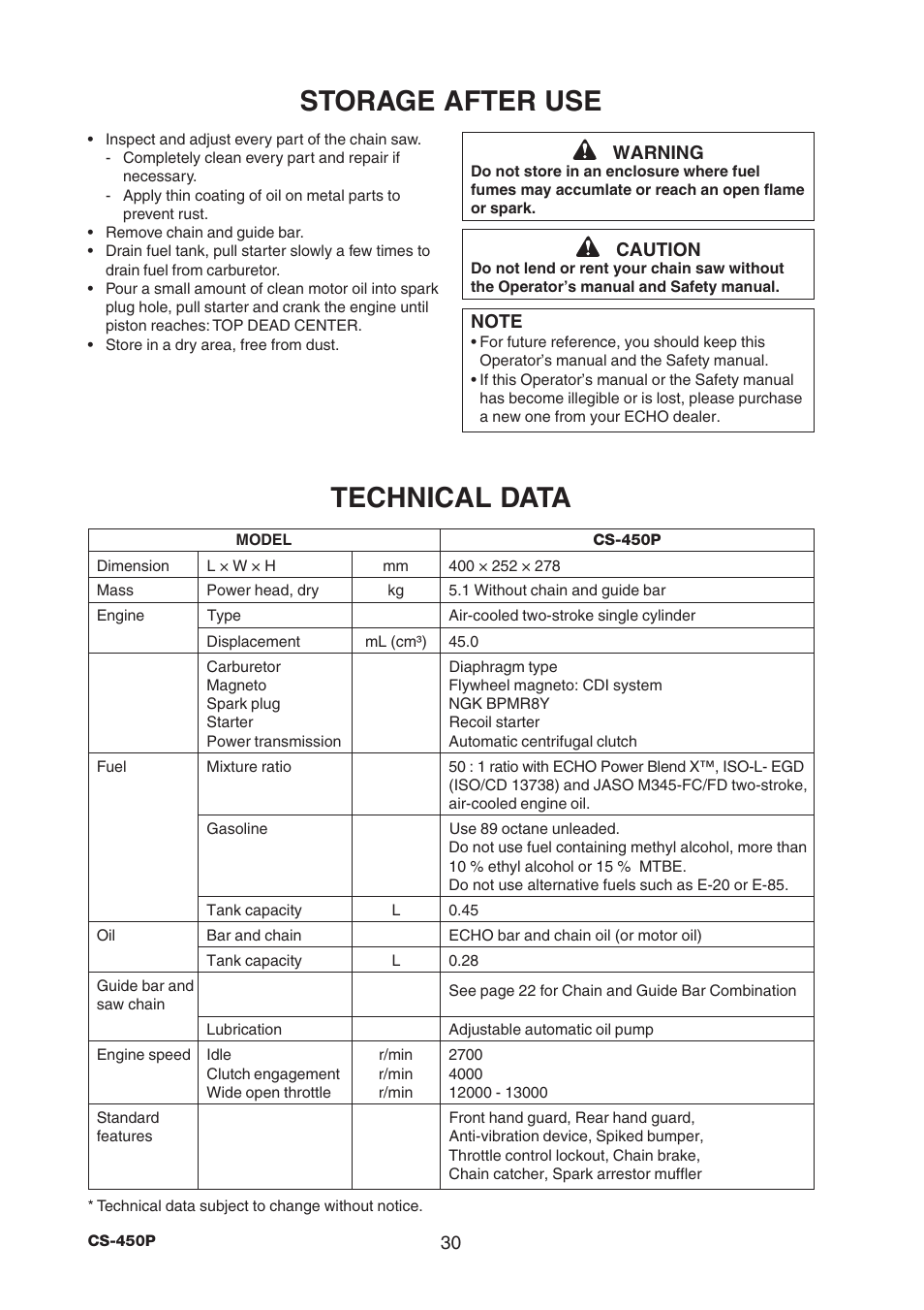 Storage after use, Technical data | Echo CS-450P User Manual | Page 30 / 34