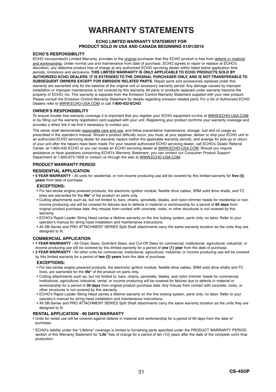 Warranty statements | Echo CS-450P User Manual | Page 31 / 34