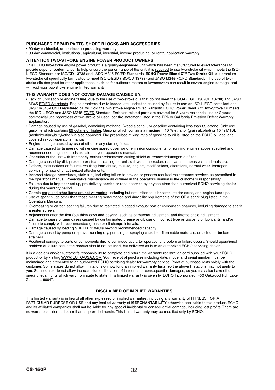 Echo CS-450P User Manual | Page 32 / 34