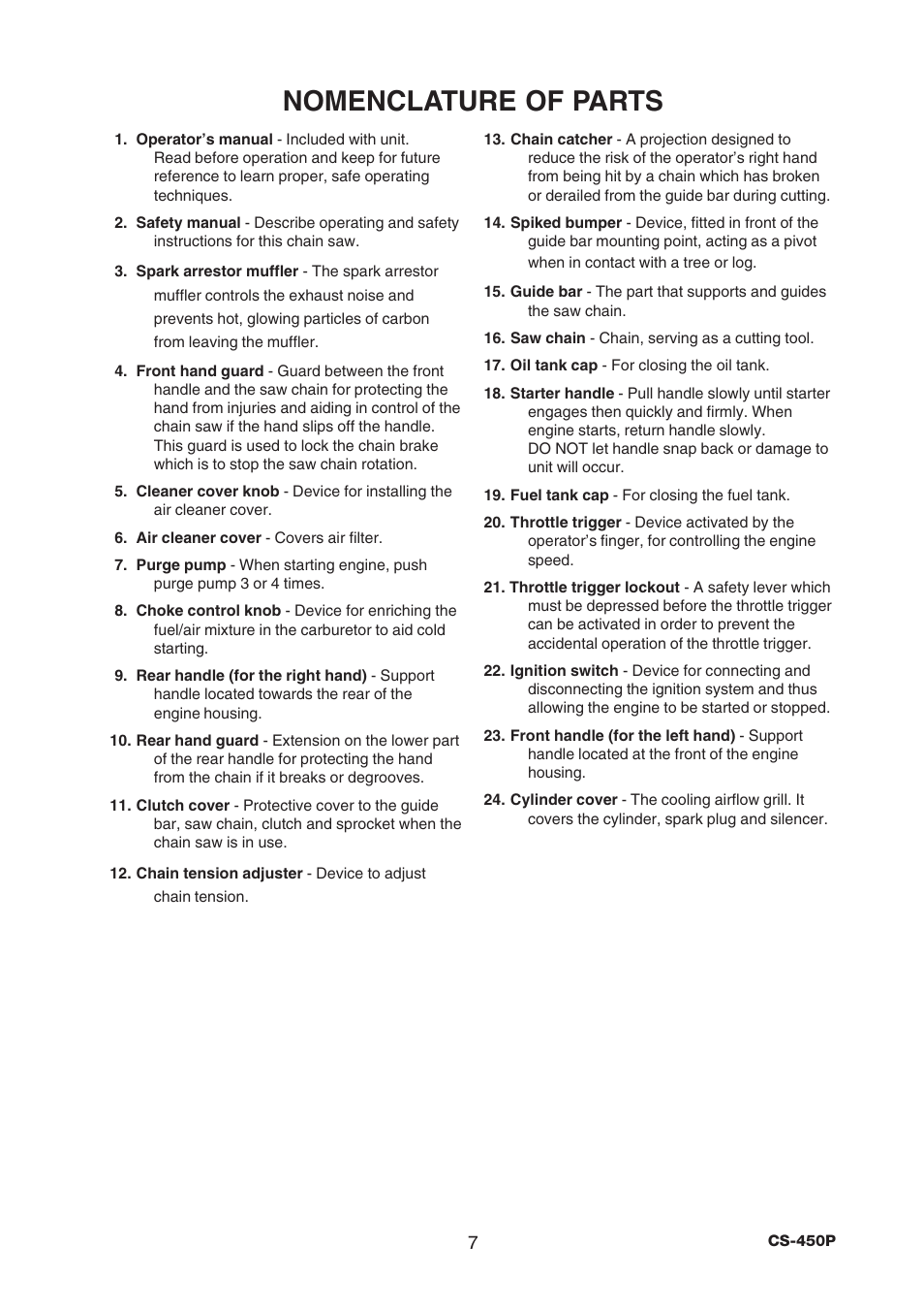 Nomenclature of parts | Echo CS-450P User Manual | Page 7 / 34