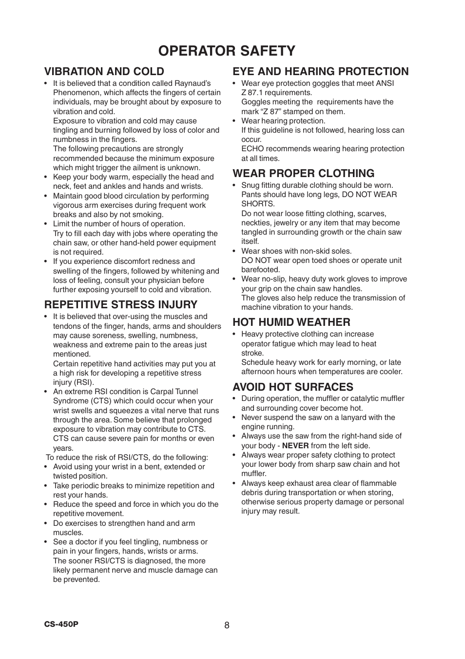 Operator safety, Vibration and cold, Repetitive stress injury | Eye and hearing protection, Wear proper clothing, Hot humid weather, Avoid hot surfaces | Echo CS-450P User Manual | Page 8 / 34