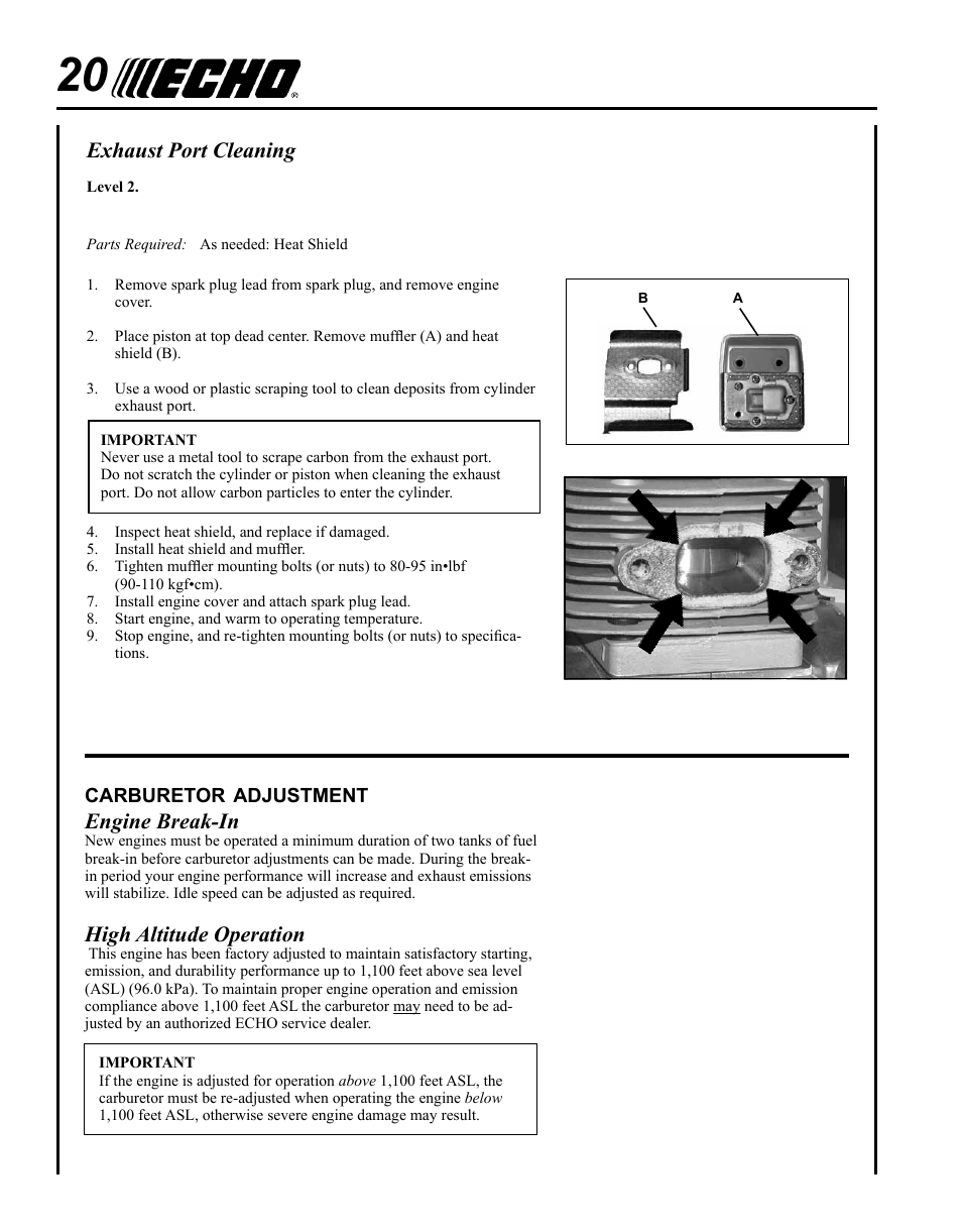 Exhaust port cleaning, Engine break-in, High altitude operation | Echo TC-210 User Manual | Page 20 / 32