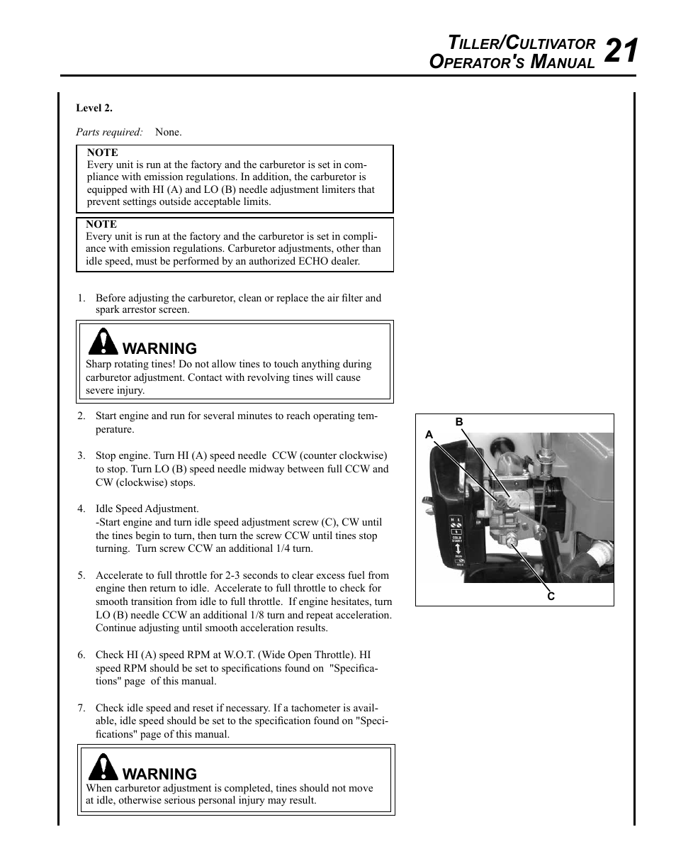 Warning | Echo TC-210 User Manual | Page 21 / 32