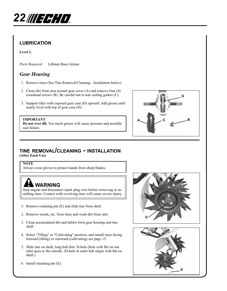 Gear housing, Warning | Echo TC-210 User Manual | Page 22 / 32