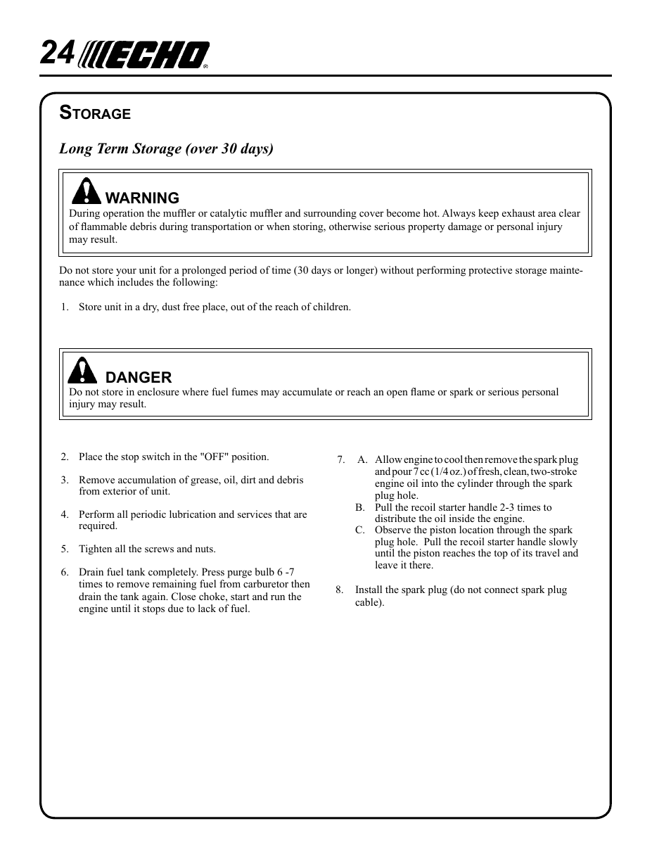 Long term storage (over 30 days) warning, Danger | Echo TC-210 User Manual | Page 24 / 32