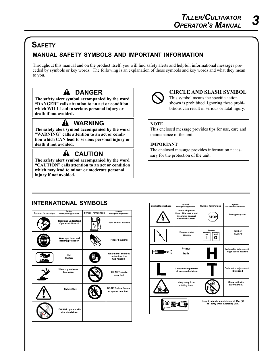 Warning, Caution, Danger | Iller, Ultivator, Perator, Anual, Afety manual, Safety, Symbols | Echo TC-210 User Manual | Page 3 / 32